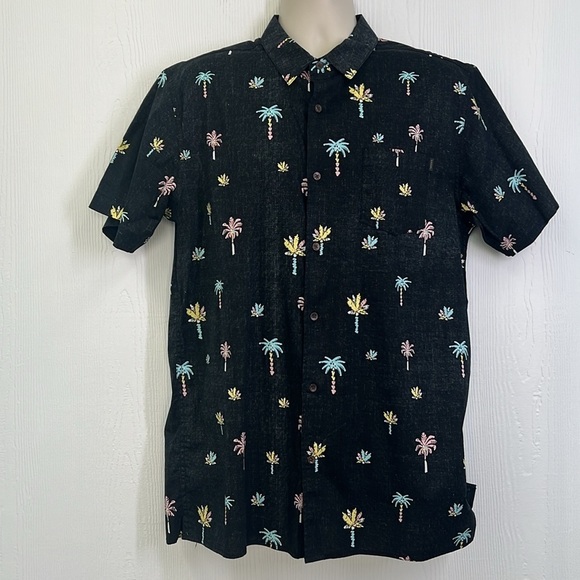 Rip Curl - Black With Colorful Palm Tree Button Down Short Sleeve Top Large - Picture 2 of 9